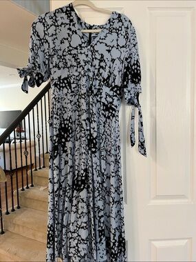 Whistles  Light Blue and Black Abstract Tie-Detail Midi Dress